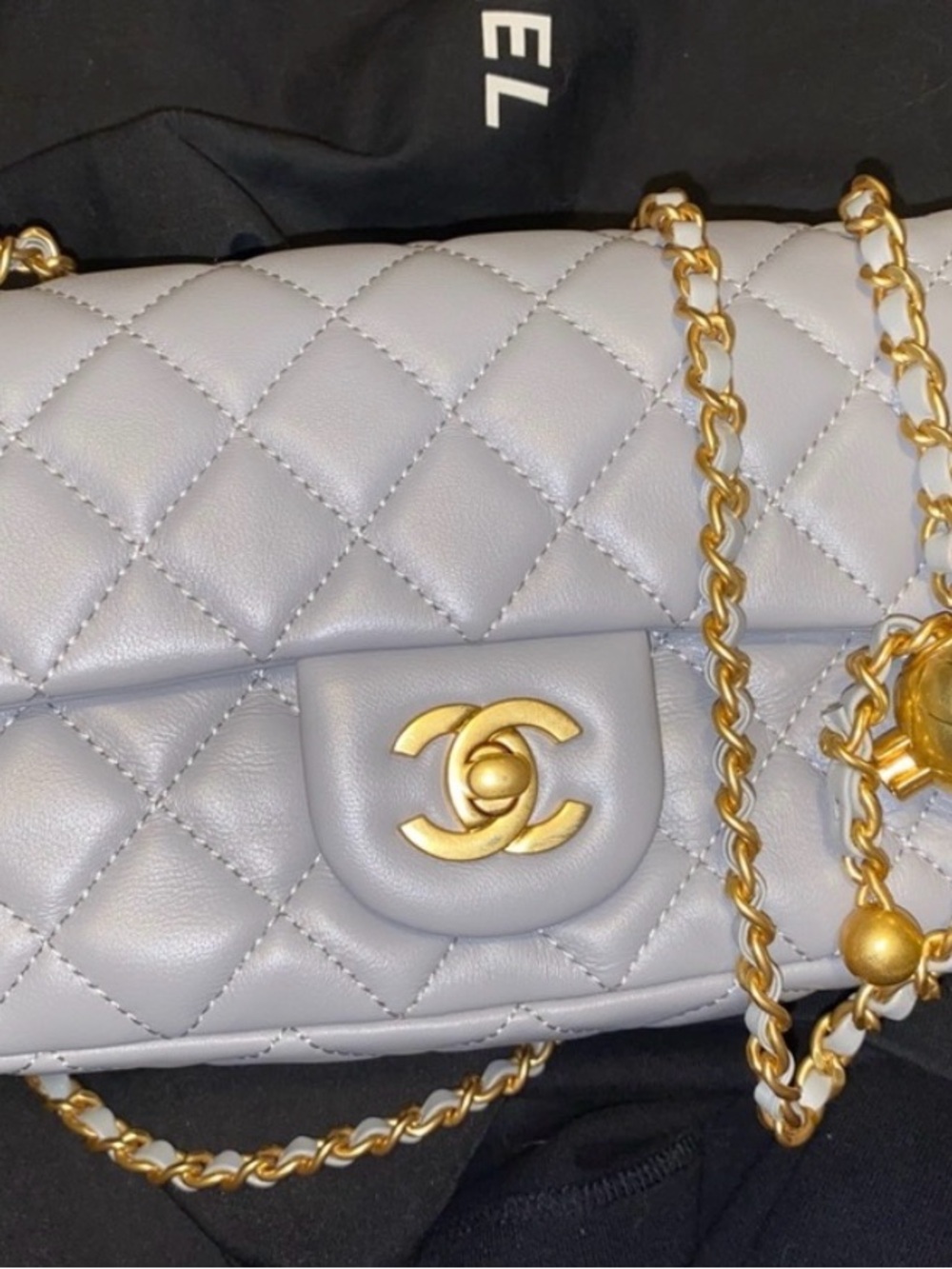 Quilted Lambskin Shoulder Bag in Light Gray with Gold Hardware
